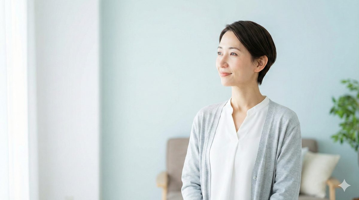 肌の悩みがやわらぎ、おだやかに過ごす女性